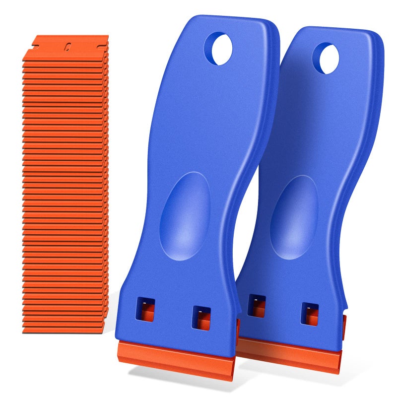 DEKEones Plastic Razor Blade Scraper, 2 Pack Razor Scraper with 120 Pcs Razor Blades for Removing Glue, Sticker, Decals, Tint from Car Window and Glass(Blue) - Image 1